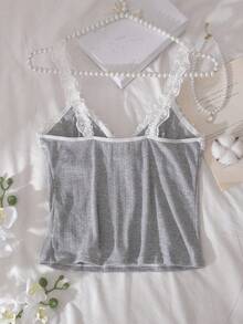Fashionable Casual Basic Camisole Vest For Teenage Girl, Undershirt Lace Camisole Grey Cami Ribbed Tank Top Camisole Top Cute Lingerie Lace Trim Cami Ribbed Bralette Sleeveless Lingerie Top Bralette Top - Light Grey - View 2