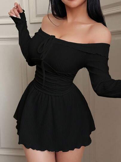 Off-Shoulder Kleid mit Wabentextur für Damen Loungewear, gemütliche und elegante Details, für Herbstoutfit