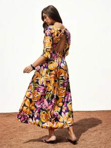 Maija Vestido elegante plus size feminino com estampa floral, manga curta e nó frontal, adequado para férias - Multicolorido - Ver 2