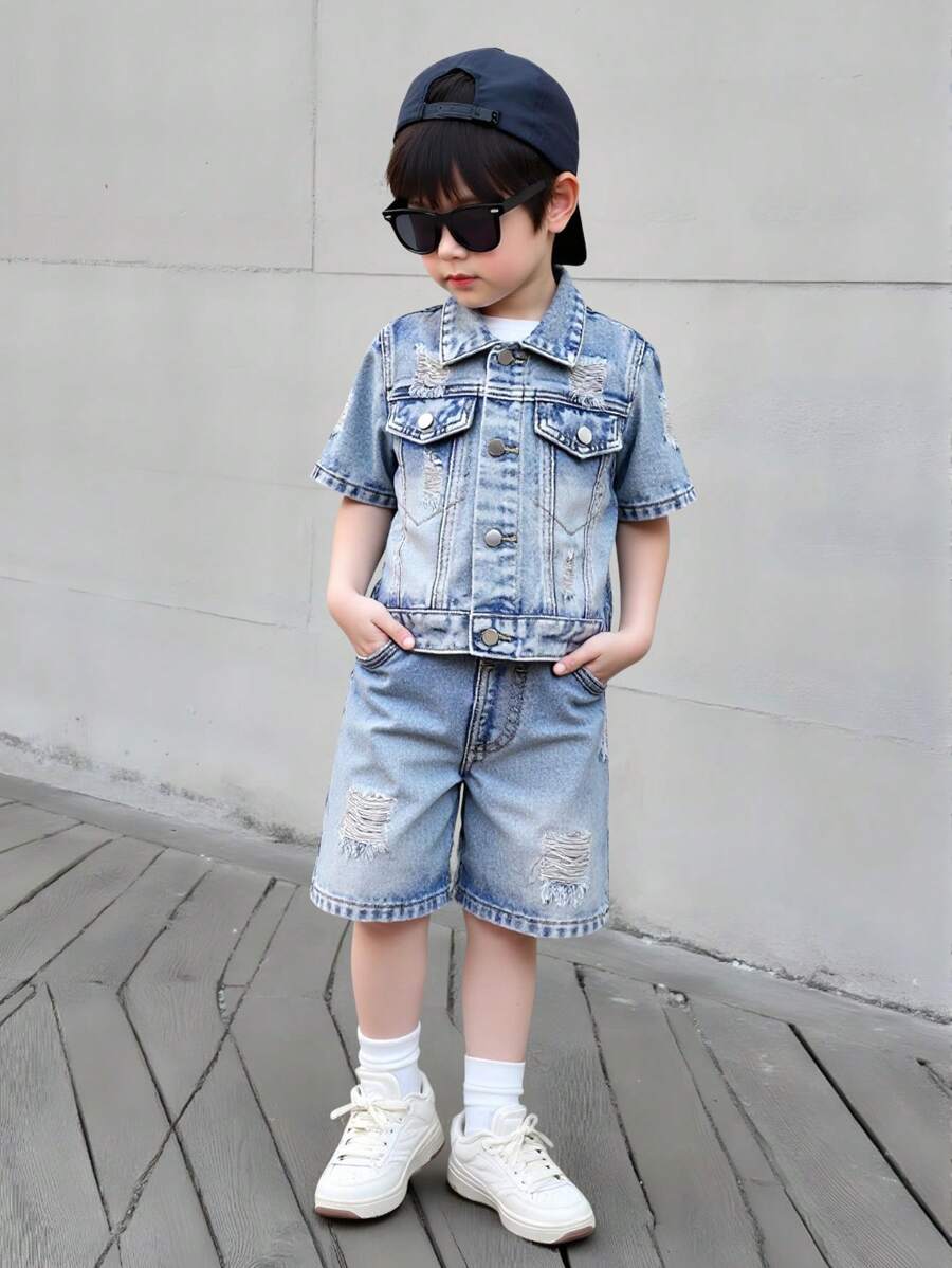 SHEIN 4-7yrs Young Kids Ripped Short Sleeves Tucker Denim Jacket&Ripped Denim Shorts Two Pieces Set,Light Blue,Button Closure,Summer Urban Street Fashion - Medium Wash - View 1