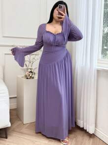 Feyla Plus Size Solid Color Long Sleeve Mesh Dress, Minimalist & Fashionable For Summer - Purple - View 3