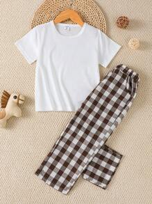 SHEIN 2pcs/Set Young Boy Round Neck White Short Sleeve T-Shirt And Black-White Plaid Shorts Set, Suitable For Casual Outdoor Wear In Summer - White - View 5