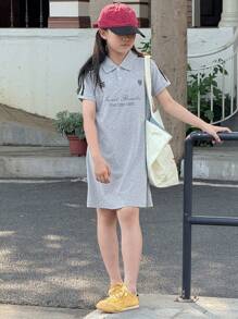 DAZY 女童印花领短袖连衣裙，秋季服装 - 灰色 - 查看 2