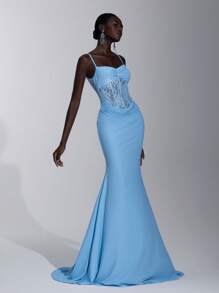 Elitara 优雅、浪漫、性感、蓝色、针织弹力面料、蕾丝拼接、露肩、低胸领口、收腰、褶皱、拖尾、鱼尾下摆、前开衩、派对、生日、约会、节日、婚礼、庆典、正式晚礼服 - 藍色 - 查看 5