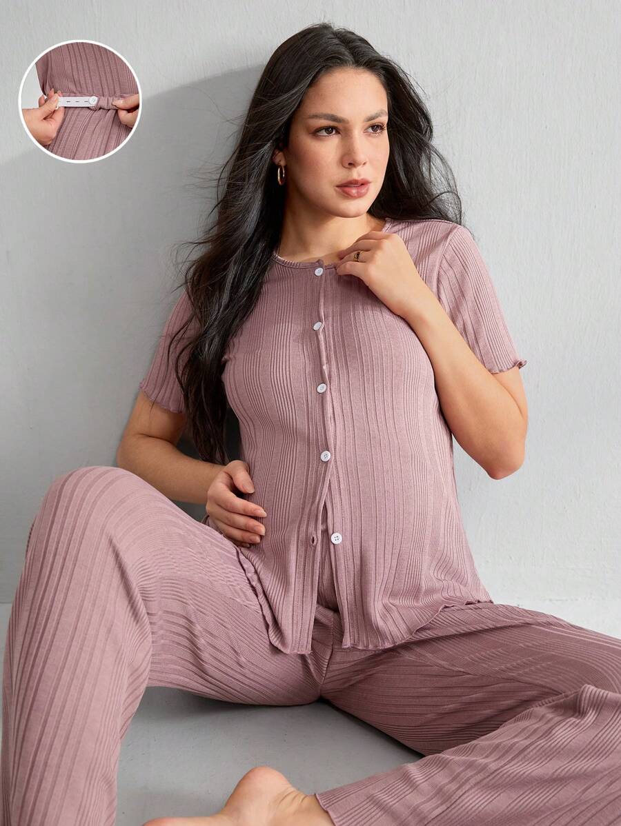 Maternity Solid Color Ruffle Trim Cardigan Short Sleeve Pants Home Outfit Set - Dusty Pink - View 1