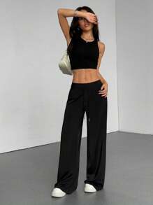 Flirla 1pc Women's Solid Color Loose Drawstring Wide-Leg Pants, Casual Minimalist Design, Suitable For Daily Wear, Spring/Summer, Back-To-School Fall Cloth For Women - Black - View 8