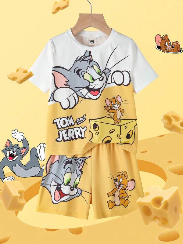 TOM & JERRY X SHEIN Young Boy Cartoon Cheese Print Yellow & White Casual Cute Short Sleeve T-Shirt & Shorts Set