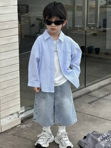 Dazy Kids 男童条纹长袖单排扣口袋休闲衬衫 - 藍色 - 查看 2