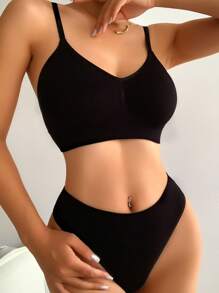 Juego de lencería sin costuras de bra y panty liso - Negro - Ver 3