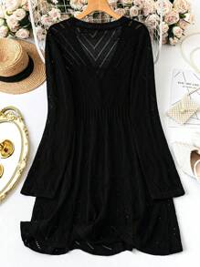 SHEIN LUNE Plus Size Hollow Out Button Down Thin Black Cardigan, Suitable For Going Out, Vacation Fall Winter Cloth For Women Autumn - Black - View 2