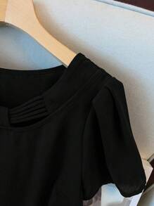 SHEIN LUNE Plus Size Women Elegant Round Neck Drawstring Collar Puff Sleeve Blouse - Black - View 5