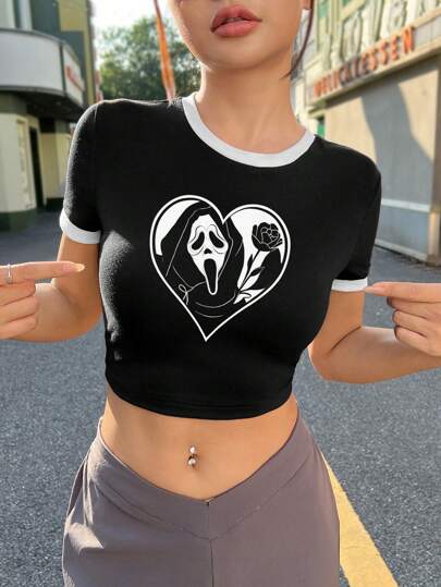 Muchica Casual Minimalist Scream Rose Skull Graphic Crew Neck Short Sleeve Contrast Color Fitted Cropped Women T-Shirt, Suitable For Summer