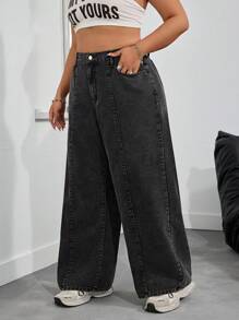 SHEIN PETITE CURVE Plus Size Casual Washed High Waist Wide-Leg Jeans - Black - View 5