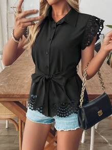 SHEIN Unity Women's Solid Color Lace Patchwork Belted Button Front Elegant Blouse - Black - View 4