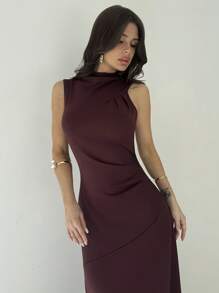 Firerie Women's Elegant Asymmetrical Shoulder Cinched Waist A-Line Sleeveless Knit Long Dress, Purple Red, Suitable For Vacation, Beach, Party Business Casual Woman,Bodycon Dress,Graduation,Teacher Outfits For Women,Teacher Dress