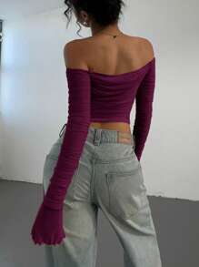Aloruh Women's Autumn Solid Color Long Sleeve Off Shoulder Ruched Fitted Fashion T-Shirt - Purple - View 2
