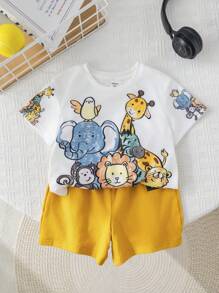 SHEIN Bộ 2 món/Bộ áo thun tay ngắn in hình động vật hoạt hình dễ thương cho bé trai/bé gái & quần short cạp chun, mùa hè - Nhiều màu - Xem 6