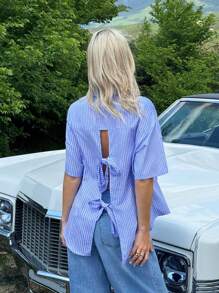 Comfortcana Regular Women Blue Striped Bow Decor Backless Cropped Shirt,Perfect For Holiday Wear