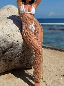 Swim SXY Women's Kimono Dress Tie Wrap Asymmetric One Shoulder Seashell Net Knitted Long Dress For Summer Beach Vacation