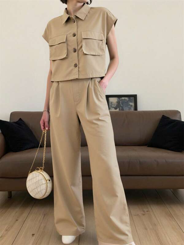 SHEIN Teen Girls Khaki Casual Twill Jacket & Straight Pants 2-Piece Suit Set, Streetwear Style, Summer Outfit Set Outfits For Women Women Outfit Sets Women Sets Outfit Summer Outfits For Women