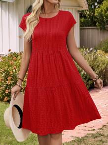 EMERY ROSE Women's Spring/Summer Solid Ruffle Hem Round Neck Short-Sleeve Dress,Dresses For Women Summer - Red - View 2