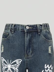 SHEIN Tween 女童中蓝色水洗做旧印花宽松阔腿休闲牛仔裤 - 深色水洗藍 - 查看 3