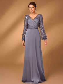 Serin Váy dài tay chữ A bằng vải satin xếp nếp thêu kim sa lấp lánh thanh lịch, cổ tim xếp nếp, thích hợp cho tiệc Gala, tiệc tối, đám cưới, váy dạ hội cho mẹ cô dâu - Xám - Xem 7