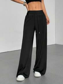 Flirla 1pc Women's Solid Color Loose Drawstring Wide-Leg Pants, Casual Minimalist Design, Suitable For Daily Wear, Spring/Summer, Back-To-School Fall Cloth For Women - Black - View 4