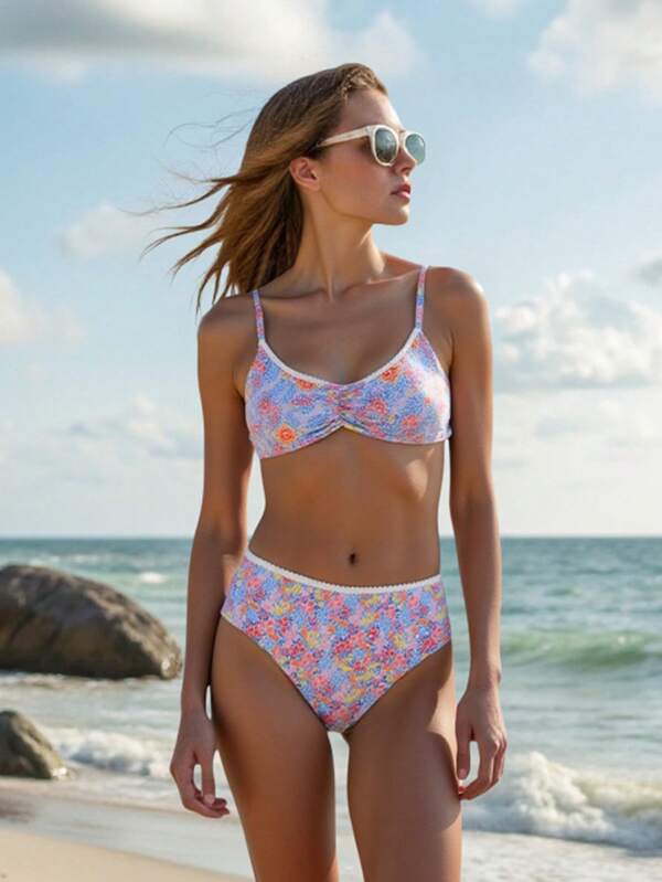 Teen Girls 2 Pieces Ditsy Floral Bikini Sets, Ruffled Trim Halter Top And Bottoms, Stylish & Casual, Suitable For Vacation, Summer Young Girls Sets Swim Suits For Women Bathing Suits For Teens Teen Girls Bikini Sets Bathing Suits For Teens Teen Girls Bikini Sets Teen Girls Bikini Sets Bathing Suits Teen Girl Two Pieces