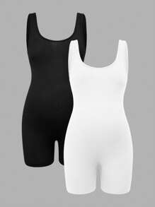 Modmama Maternity Plain Ribbed Sleeveless Romper - Multicolor - View 3