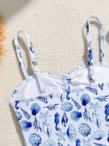 Tween Girls Marine Life Print Drawstring Pleated Tankini Swimsuit Set, Suitable For Beach, Swimming, Surfing - Multicolor - View 5