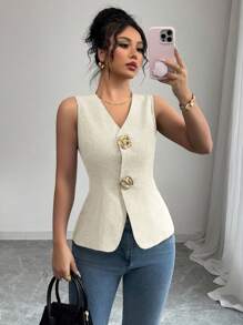 Gloray Chaleco de mujer con cuello en V, ajustado, decorado con botones dorados en forma de rosa