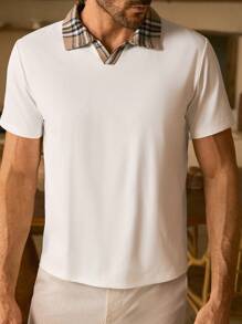 Manfinity VCAY 男士休闲针织拼接梭织格子领宽松落肩短袖Polo衫