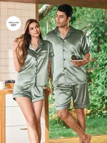 SHEIN Men's Solid Color Satin Short Sleeve & Shorts Sleepwear Pajama Set, Summer - Olive Green - View 3