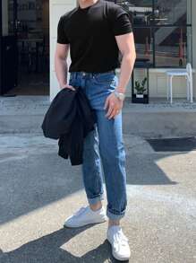DAZY Camiseta de manga corta de ajuste ceñido negra para hombres, de verano