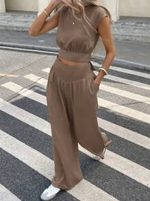 Serisse 2pcs Women Summer Casual Solid Color Cropped Top And Full Length Pants Set Winter Brown Spring - Coffee Brown - View 5
