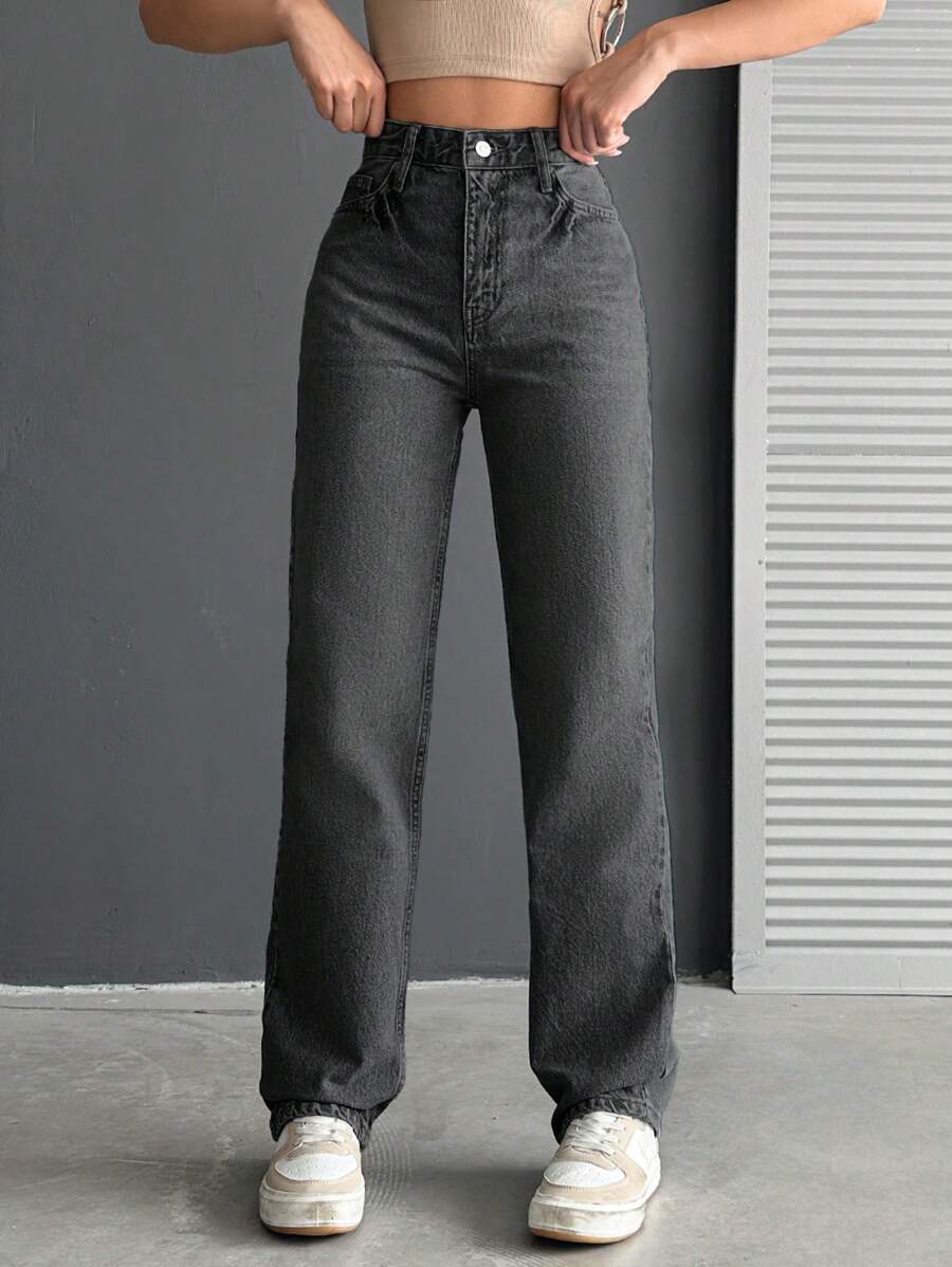 SHEIN Cottnline 100%Cotton High Waist Straight Leg Jeans - Light Grey - View 1
