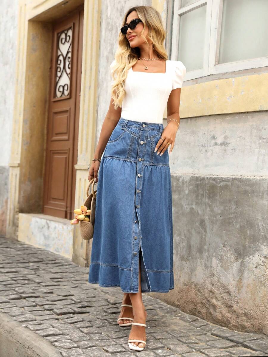 SHEIN LUNE 女士牛仔迷你裙，夏季时尚 - 藍色 - 查看 1