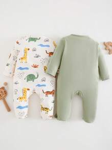 Cozy Pixies 2件套新生女宝宝卡通动物图案针织柔软圆领长袖连体衣 - 綠色 - 查看 2
