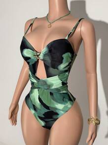 Slaydiva Costume da bagno intero con stampa tropicale e gonna con nodo sulla parte anteriore
