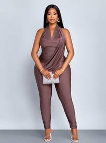 SOLERSUN 女式加大码春夏两件套纯色露背吊带上衣和褶皱紧身裤休闲嬉皮套装 - 棕色 - 查看 3