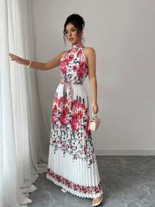 Elenzga Vestito lungo casual da donna senza maniche, con colletto alla coreana, stampa floreale francese elegante, con cintura e dettagli plissettati, adatto per primavera/estate