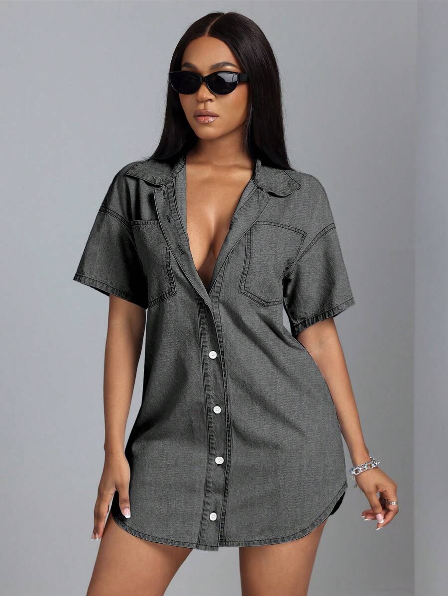 SHEIN SXY Đầm denim dáng rộng đơn giản hở vai tay ngắn đơn hàng khuy đơn dành cho nữ - Xám - Xem 1