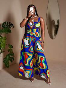 Maweii Tuta oversize da donna con stampa, spalline larghe ed elastico in vita, stile vacanze estive