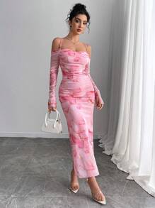 SHEIN PETITE Đầm ôm body tay dài in họa tiết hoa màu hồng hở vai cho nữ - Hồng - Xem 5