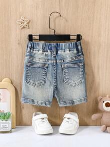 SHEIN Quần short denim xanh bó sát, phong cách retro, bạc màu, rách rưới, thời trang cho bé trai, thích hợp mặc hàng ngày mùa hè. - Rửa trung bình - Xem 2