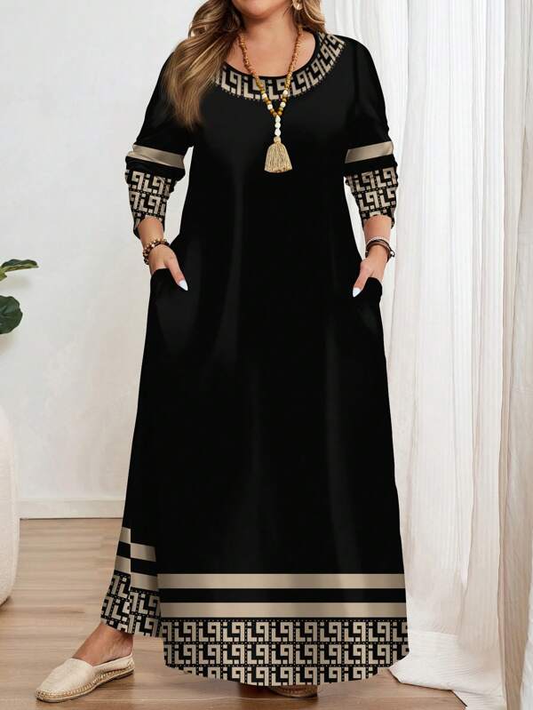 EMERY ROSE Classic Geometric Print Plus Size Long Sleeve Round Neck Dress