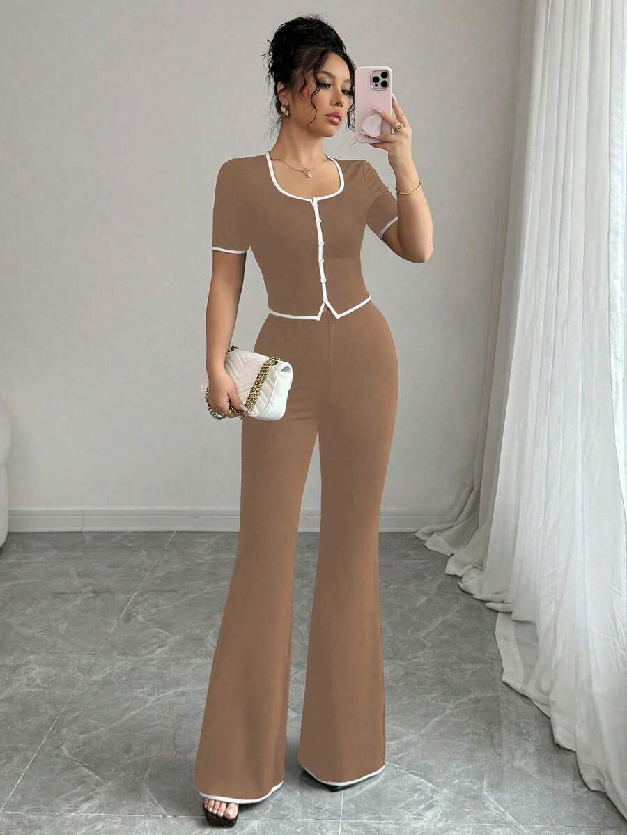 Elenzga 2 件套女士套装，前扣上衣和裤子，休闲优雅，适合通勤 - 咖啡棕 - 查看 1
