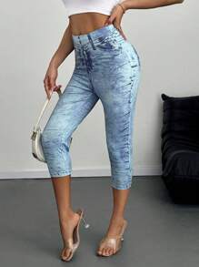 EMERY ROSE Women's Denim Effect Print Casual Fashionable 7/8 Length Leggings