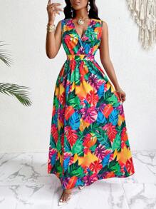 SOLERSUN 热带印花 V 领腰部麻花针织修身喇叭裙长款女装 - 彩色 - 查看 4